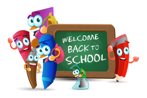 Cartoon School Supplies Funny Set Graphics and Illustrations